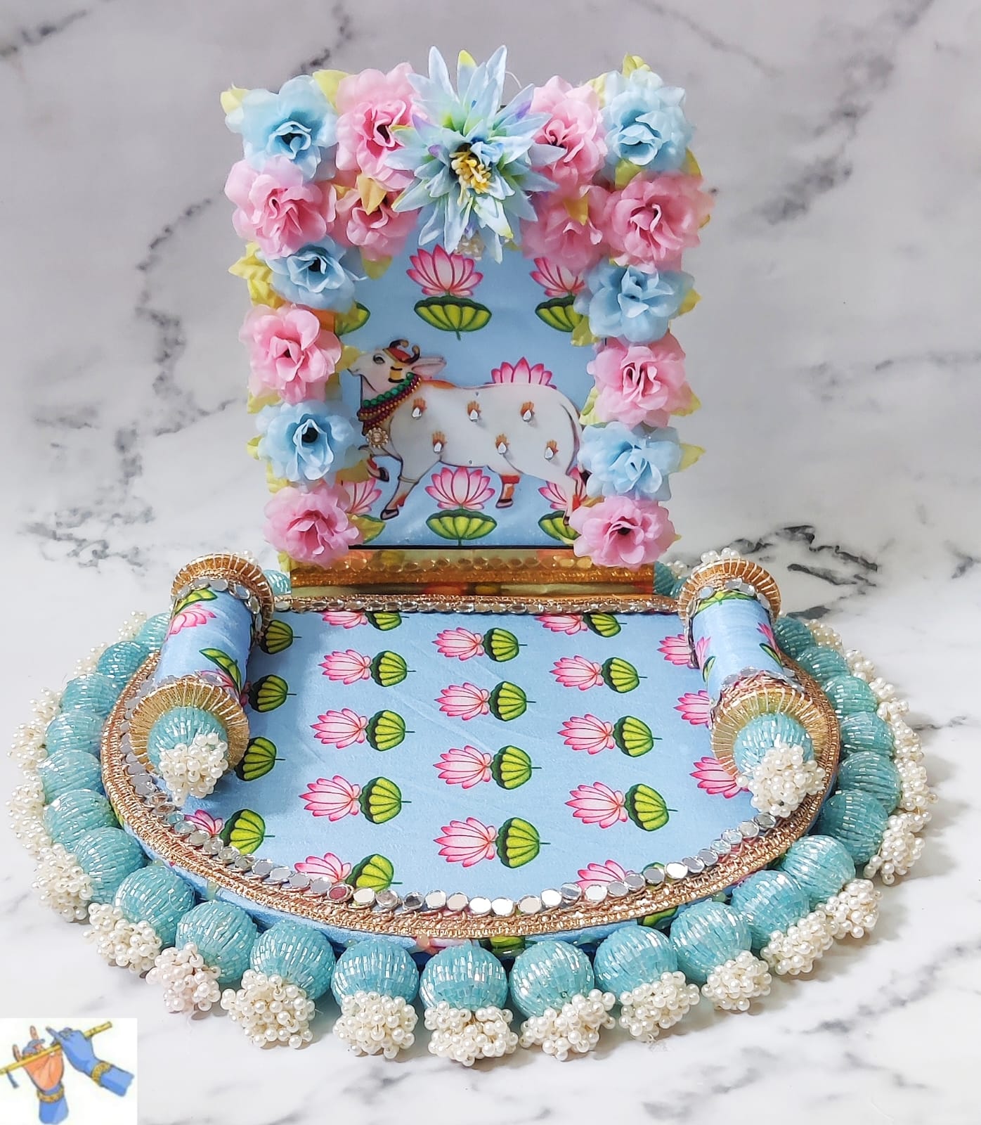 wooden Laddu gopal ji or Ganeshji singhasan for your Mandir or home Decor , blue